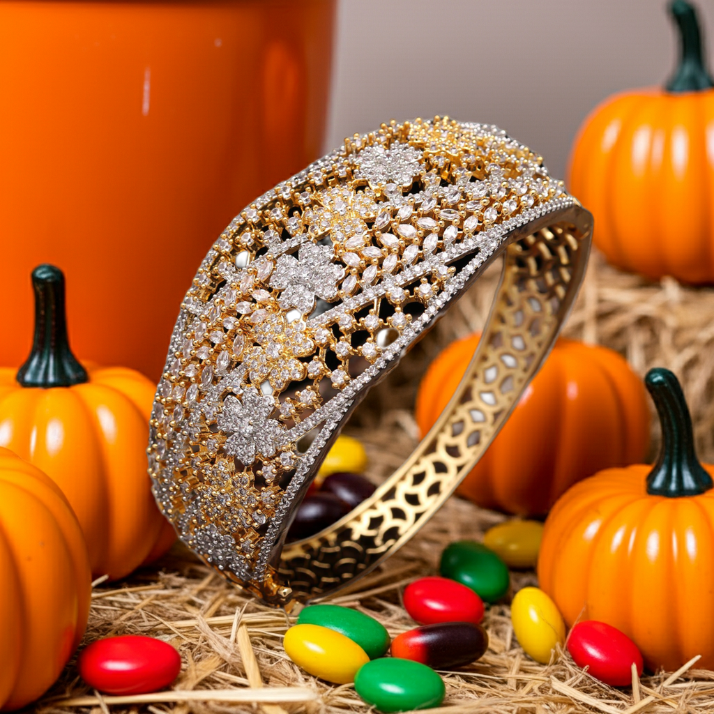 Elegant Gold-Plated Floral Diamond-Cut Bangle – Premium Bridal & Festive Jewelry for Women